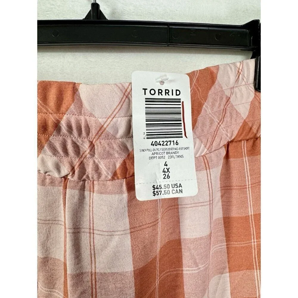 Torrid 5 Inch Seersucker Shorts Size 4 4x/26 Orange Plaid Pull On High Rise NEW - Picture 4 of 8